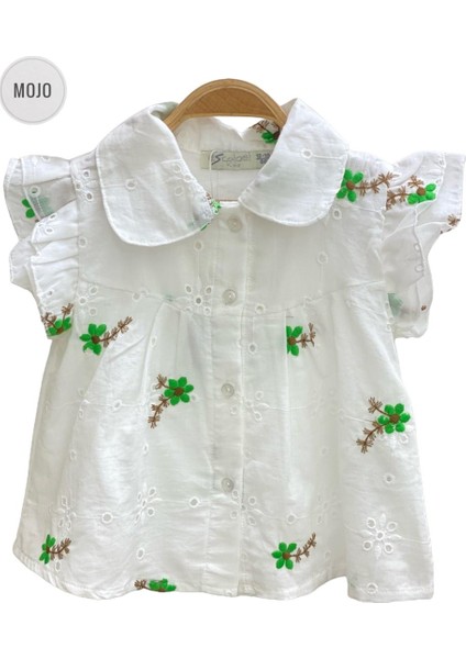 Mojo Kız Çocuk Çiçek İşlemeli Güpür Gömlek 35472 Ekru-Yeşil modelleri