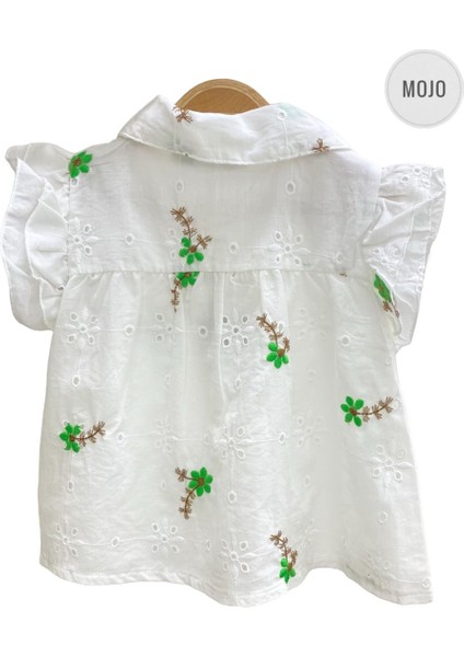 Mojo Kız Çocuk Çiçek İşlemeli Güpür Gömlek 35472 Ekru-Yeşil fırsatları