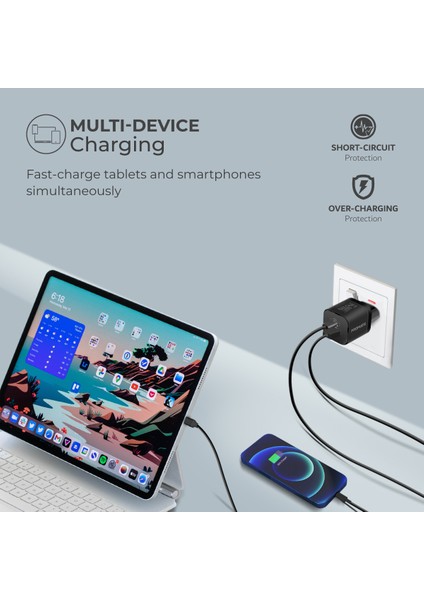 Powerport-33 Gan 33W Qualcomm Süper Hızlı Type-C Pd , USB Ultra Kompakt Duvar Şarj Cihazı, Aşırı Gerilim Koruması