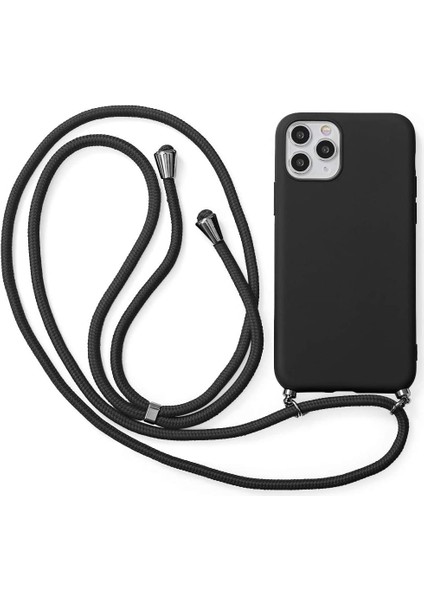 iPhone 14 Pro Max ile Uyumlu Ipli Boyun Askılı Silikon Kılıf Kadife Iç Yüzeyli Epiphany Kılıf Siyah