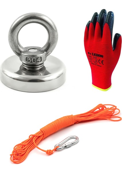 Magnet Fishing Halatlı Güçlü Neodyum Mıknatıs Balıkçılığı Seti, 48 mm Mıknatıs, 20 Mt. Halat ve Kanca