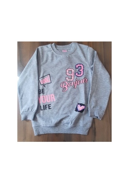 Gri Baskılı Bilekleri ve Beli Lastikli Sweatshirt