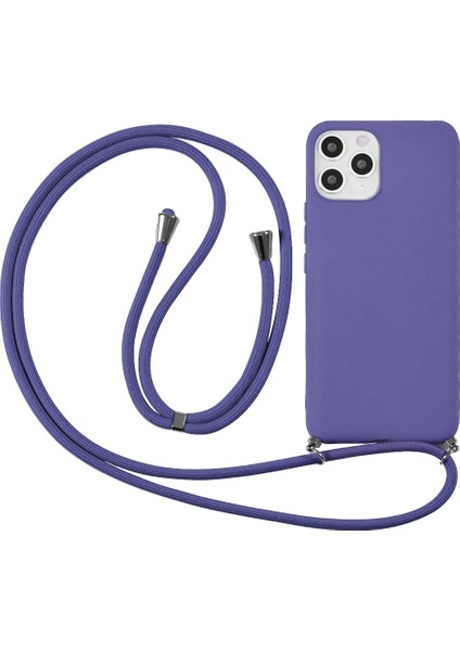 iPhone 12 ile Uyumlu Ipli Boyun Askılı Silikon Kılıf Kadife Iç Yüzeyli Epiphany Kılıf Lila