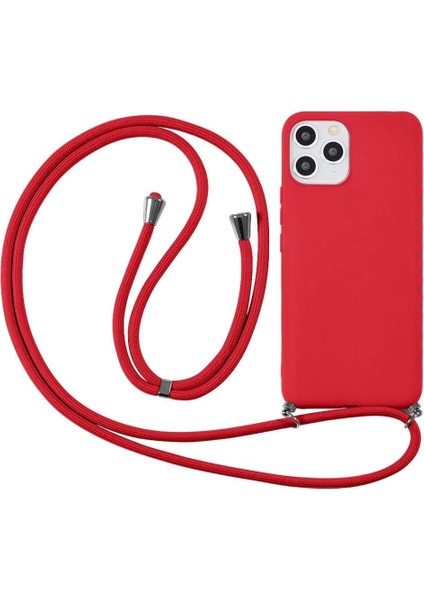 iPhone 14 Plus ile Uyumlu Ipli Boyun Askılı Silikon Kılıf Kadife Iç Yüzeyli Epiphany Kılıf Kırmızı