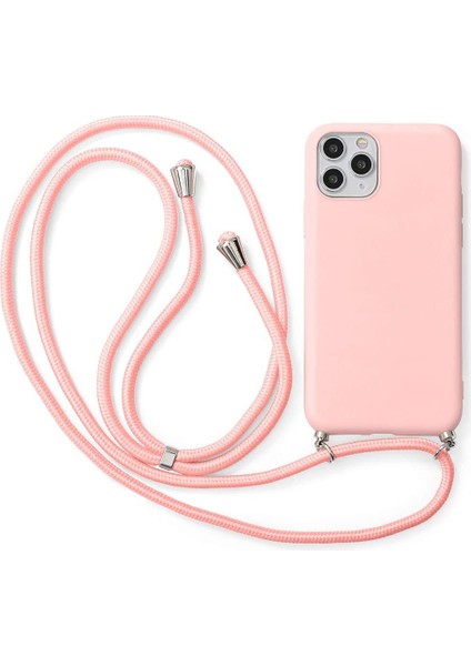 iPhone 12 Pro ile Uyumlu Ipli Boyun Askılı Silikon Kılıf Kadife Iç Yüzeyli Epiphany Kılıf Pembe