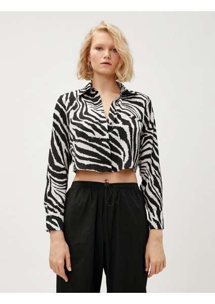 Zebra Desenli Saten Crop Gömlek Uzun Kollu