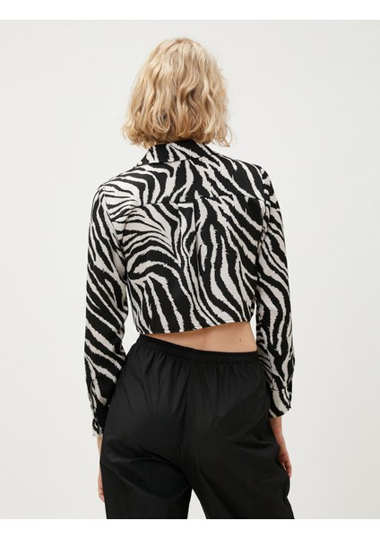 Zebra Desenli Saten Crop Gömlek Uzun Kollu