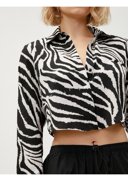 Zebra Desenli Saten Crop Gömlek Uzun Kollu