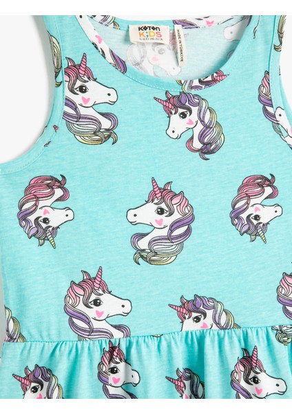 Penye Elbise Kolsuz Yuvarlak Yaka Unicorn Baskılı Pamuklu