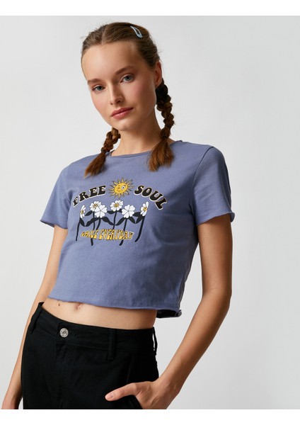 Crop Tişört Baskılı Bisiklet Yaka Kısa Kollu