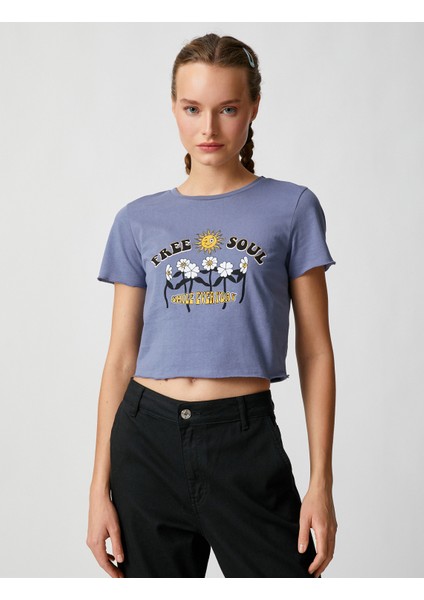 Crop Tişört Baskılı Bisiklet Yaka Kısa Kollu modelleri