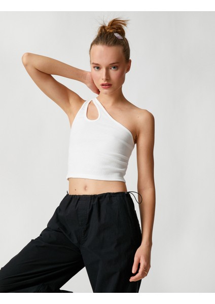 Crop Atlet Tek Omuz Pencere Detaylı Fitilli