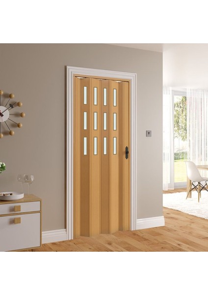 130 x 215 Meşe Renk Camlı Pvc Akordiyon Kapı - Frnakmodel-1-94