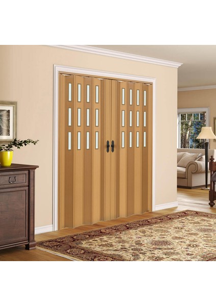 170 x 215 Meşe Renk Camlı Çift Açılım Pvc Akordiyon Kapı - Frnakmodel-1-154