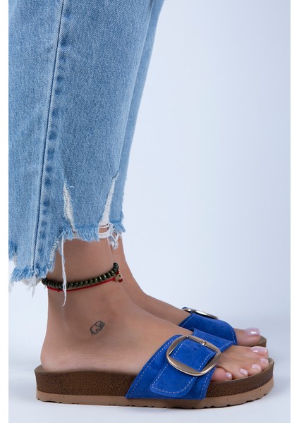 Jade Kadın Deri Tek Tokalı Mavi Süet - Gold Terlik fırsatları