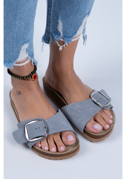 Jade Kadın Deri Tek Tokalı Gri Süet - Gümüş Terlik fiyatları