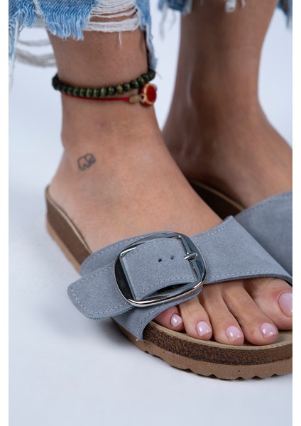 Jade Kadın Deri Tek Tokalı Gri Süet - Gümüş Terlik indirimleri