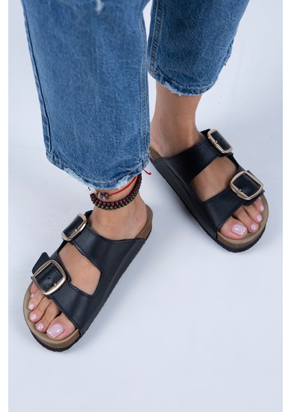 Irene Kadın Deri Çift Tokalı Siyah Deri - Gold Terlik fiyatları