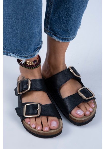 Irene Kadın Deri Çift Tokalı Siyah Deri - Gold Terlik indirimleri