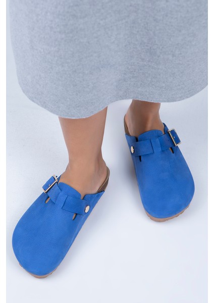 Zeta Kadın Deri Kemerli Tokalı Mavi - Gold Terlik