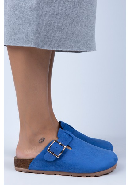 Zeta Kadın Deri Kemerli Tokalı Mavi - Gold Terlik fiyatları