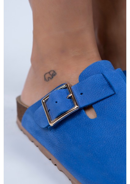 Zeta Kadın Deri Kemerli Tokalı Mavi - Gold Terlik fırsatları