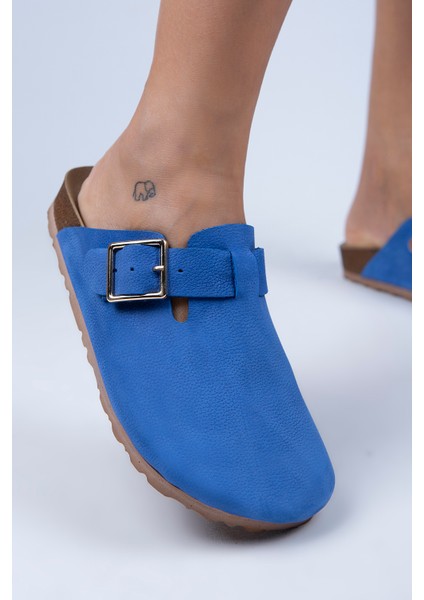 Zeta Kadın Deri Kemerli Tokalı Mavi - Gold Terlik indirimleri