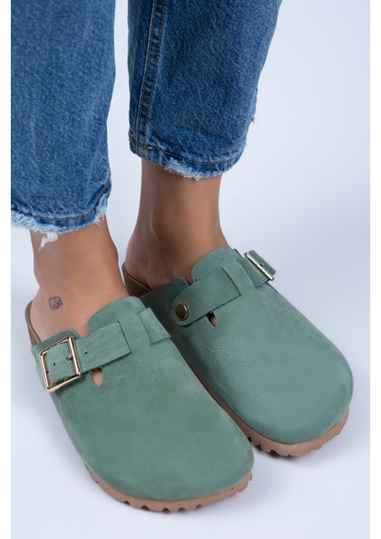 Zeta Kadın Deri Kemerli Tokalı Yeşil - Gold Terlik