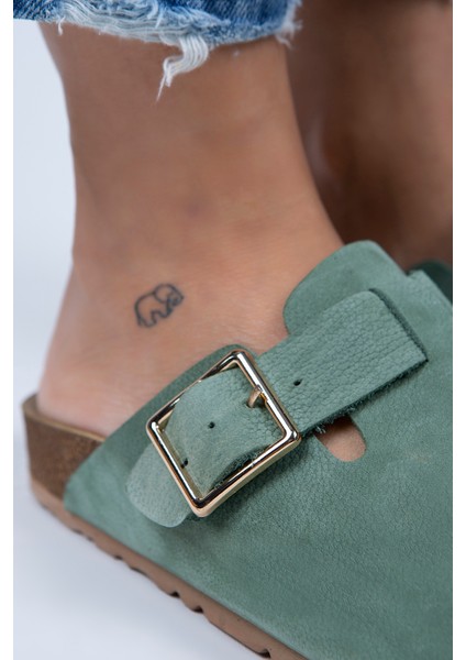 Zeta Kadın Deri Kemerli Tokalı Yeşil - Gold Terlik modelleri