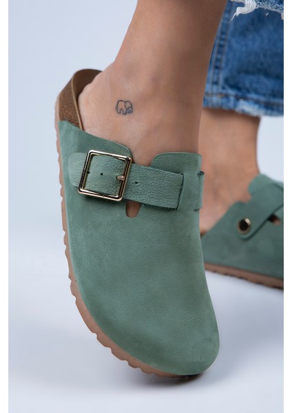 Zeta Kadın Deri Kemerli Tokalı Yeşil - Gold Terlik fırsatları
