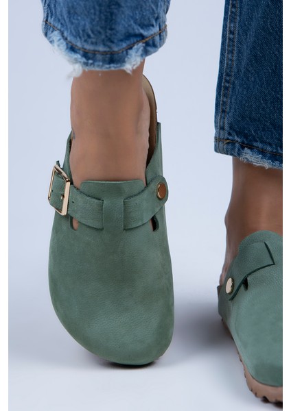 Zeta Kadın Deri Kemerli Tokalı Yeşil - Gold Terlik indirimleri