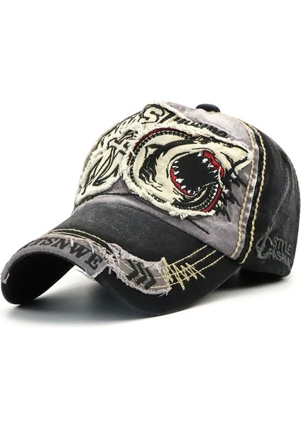 13948 Köpekbalığı Deseni Yıkanabilir Beyzbol Kapı Ilkbahar ve Sonbahar Güneş Şapkası Koyu Gri (Yurt Dışından)