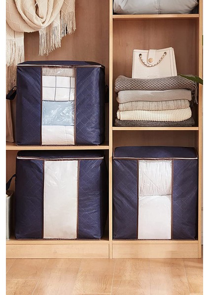 3 Adet - Pencereli Kapitone Saklama Çantası Lacivert 50 x 45 x 30 cm fiyatları