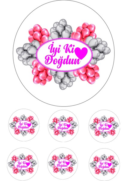 Yenilebilir Pasta Resmi İyi Ki Doğdun Pembe Gri Model Pirinç Kağıdından 6-8-10 Kişilik Pastaya Uygun 16 cm