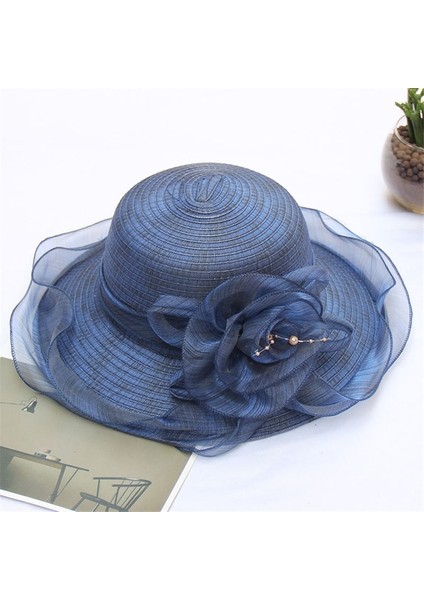 Kadınlar Yaz Organze Çiçek Dekorasyonu Katlanabilir Güneş Şapkası Kova Şapkası Resmi Şapka Mavi (Yurt Dışından)
