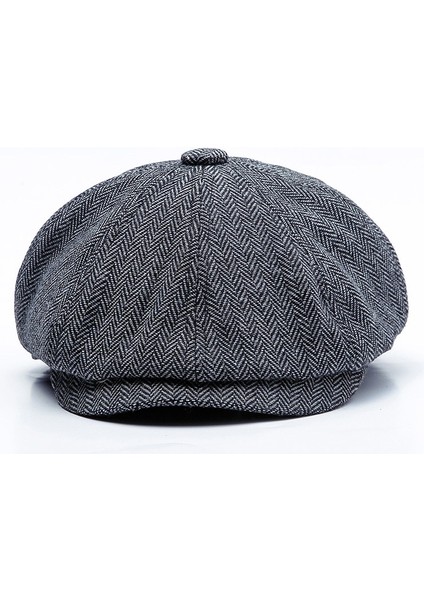 14128 Stripe Snap Tasarım Beret Sonbahar ve Kış Retro Vahşi Sekizgen Şapka Boyut: 58CM Siyah Kahve (Yurt Dışından)