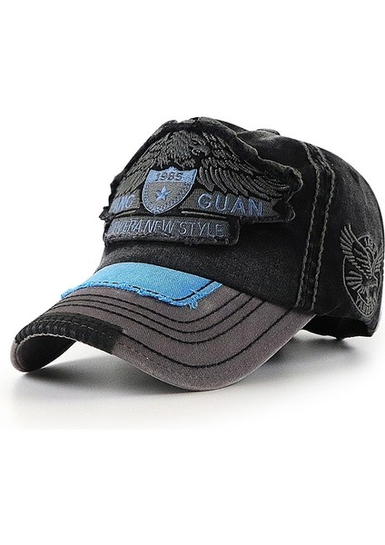 Yang Guan Eagle Desen Işlemeli Yıkanmış Beyzbol Kapağı Güneş Koruma Kapağı Boyut: 58CM Siyah (Yurt Dışından)