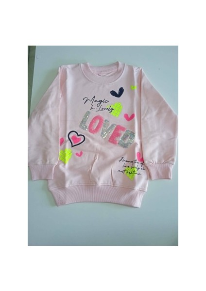 Toz Pembe Baskılı Bilekleri ve Boyun Kısmı Lastikli Sweatshirt