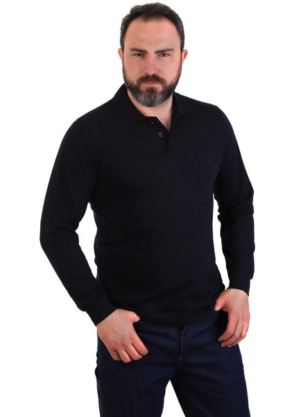 Eser - Polo Yaka Uzun Kol Penye İş Tişörtü - Cepli - Lacivert