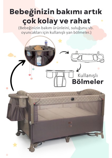 Premium Anne Yanı Dönenceli Oyun Parkı 70*120 cm Bej + Yatak Hediyeli