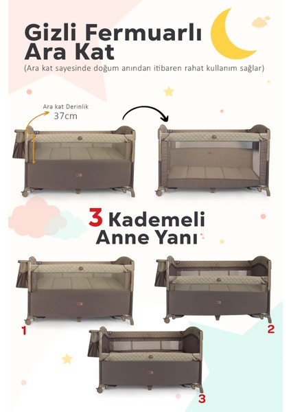 Premium Anne Yanı Dönenceli Oyun Parkı 70*120 cm Bej + Yatak Hediyeli