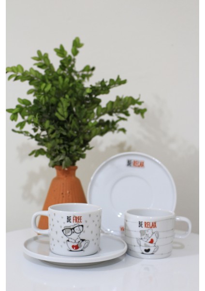 Be Free/relax Kedi Tasarımlı 2'lı Porselen Kahve Fincan Takımı