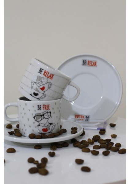 Be Free/relax Kedi Tasarımlı 2'lı Porselen Kahve Fincan Takımı