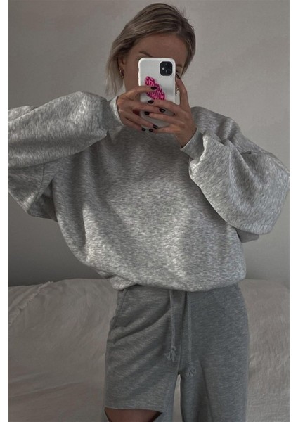 Gri Kapüşonlu Basic Sweatshirt Kadınlar İçin Uzun Kol Rahat Tasarım modelleri