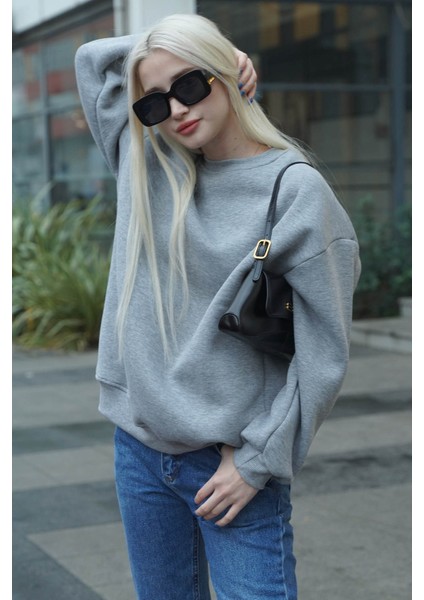 Gri Kapüşonlu Basic Sweatshirt Kadınlar İçin Uzun Kol Rahat Tasarım indirimleri