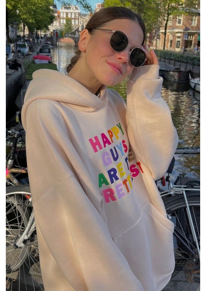 Bej Renkli Nakışlı Bisiklet Yaka Sweatshirt MG1574