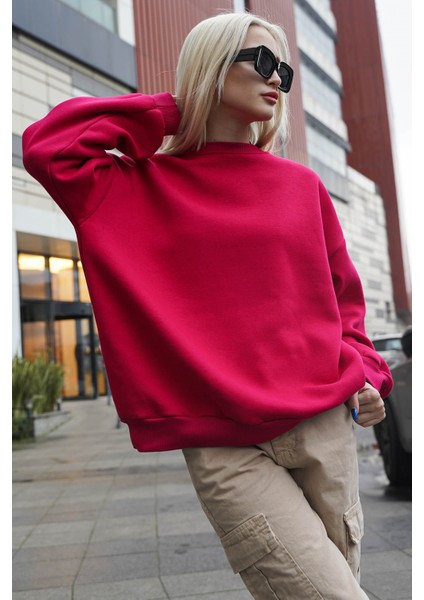 Fuşya Bisiklet Yaka Basic Sweatshirt MG1559