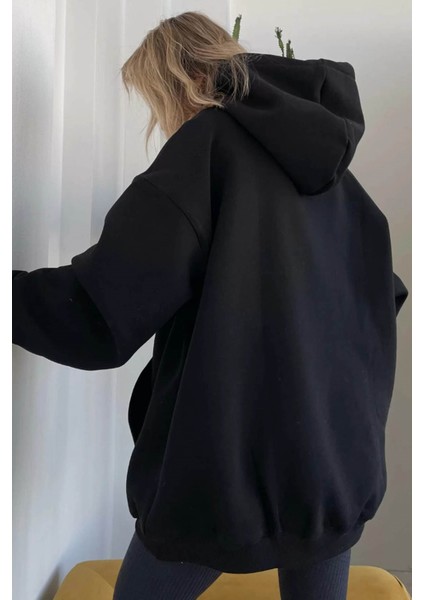 Siyah Kapüşonlu Şardonlu Oversize Sweatshirt MG1566