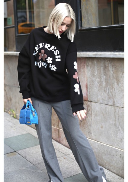Siyah Bisiklet Yaka Baskılı Sweatshirt MG1572 indirimleri