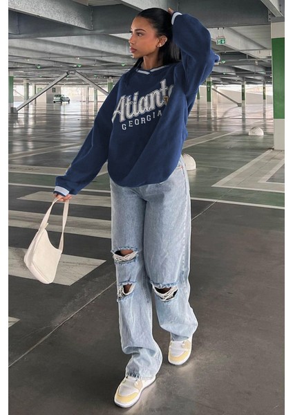 Lacivert Baskılı V Yaka Sweatshirt MG1576